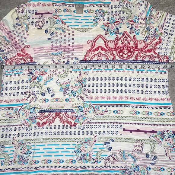 Chico's Sz 3 Scoop V-Neck 3/4 Sleeve Colorful Paisely Office Church Comfy Mature - Picture 2 of 6